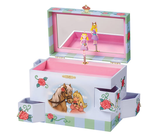 Enchantmints Rose Petal Princess music box with pink interior, rotating figurines, storage drawers decorated with rose and horse illustrations