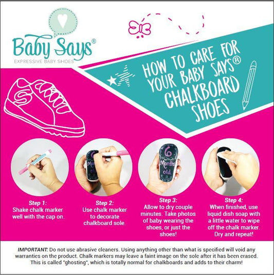 How to Care for Your Baby Says Chalkboard Shoes instruction graphic with four step-by-step images showing shaking marker, decorating sole, drying, and cleaning