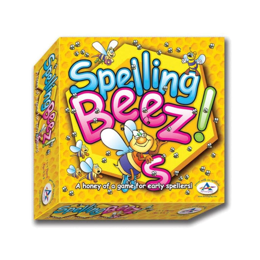 Spelling Beez board game box with yellow background, pink and blue title text, cartoon bees and bee character, tagline 'A honey of a game for early spellers!'