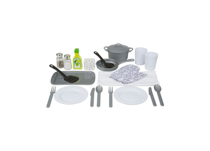Melissa & Doug 22-Piece Play Kitchen Accessories Set with gray cookware, white plates, cups, and silverware arranged ...