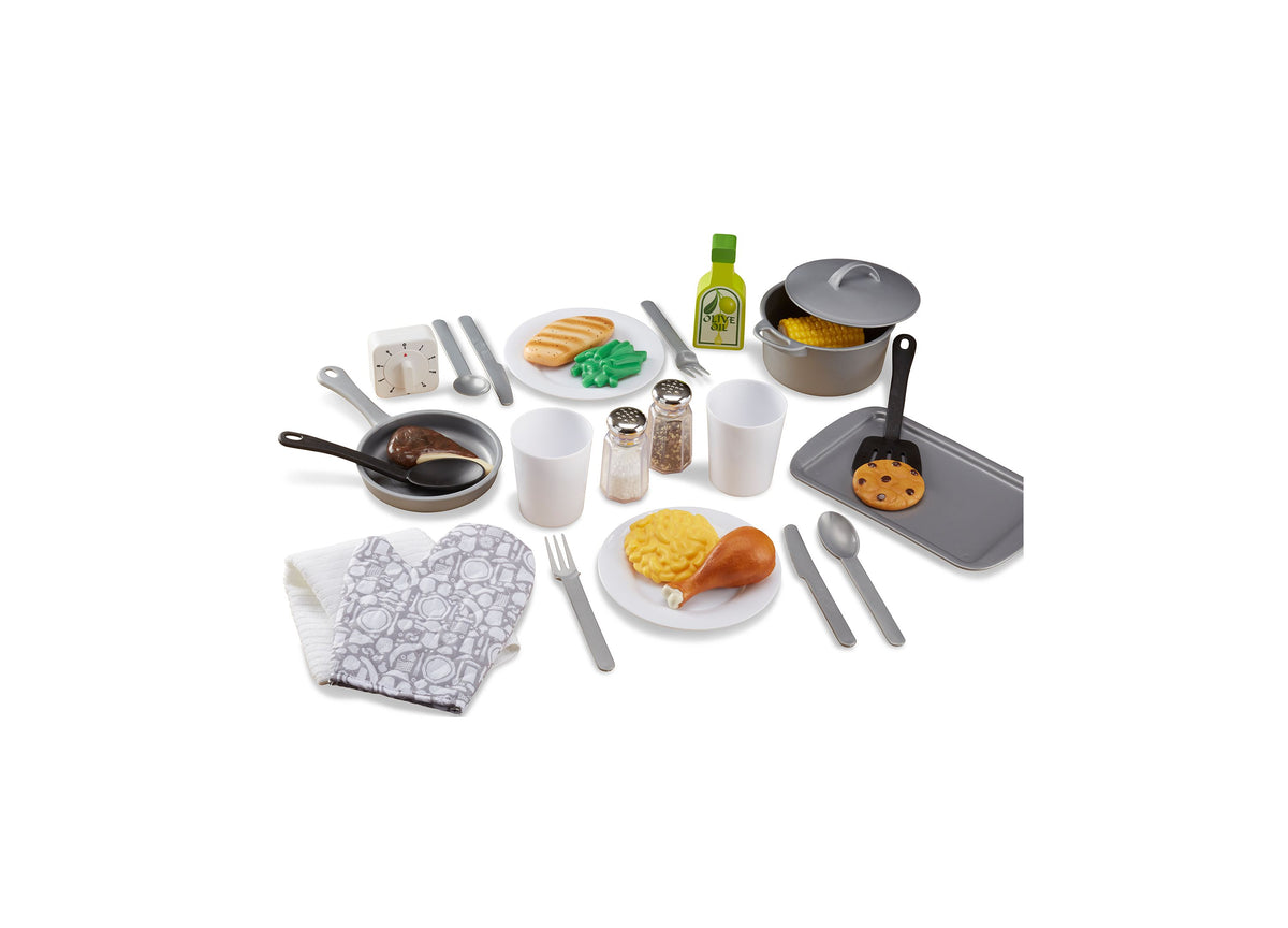 Melissa & Doug 22-Piece Play Kitchen Accessories Set with pot, pan, plates, cups, and utensils arranged on white back...