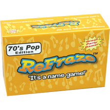 ReFraze 50s & 60s Pop Edition party game box with yellow packaging and blue logo on plain background