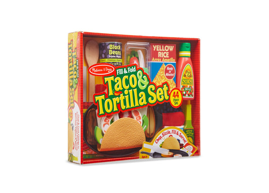 Melissa & Doug Fill & Fold Taco & Tortilla Set with 44 pieces including play food, salsa, and wooden utensils