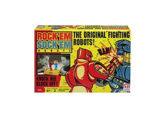Rock 'Em Sock 'Em Robots boxing game with red and blue robots fighting, shown with two players