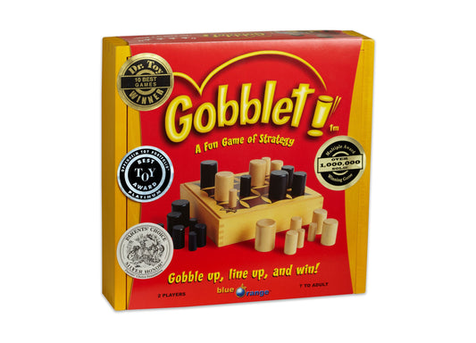 Gobblet board game box with red and yellow packaging, showing wooden game pieces in black and natural wood colors on a wooden board, award badges displayed on f