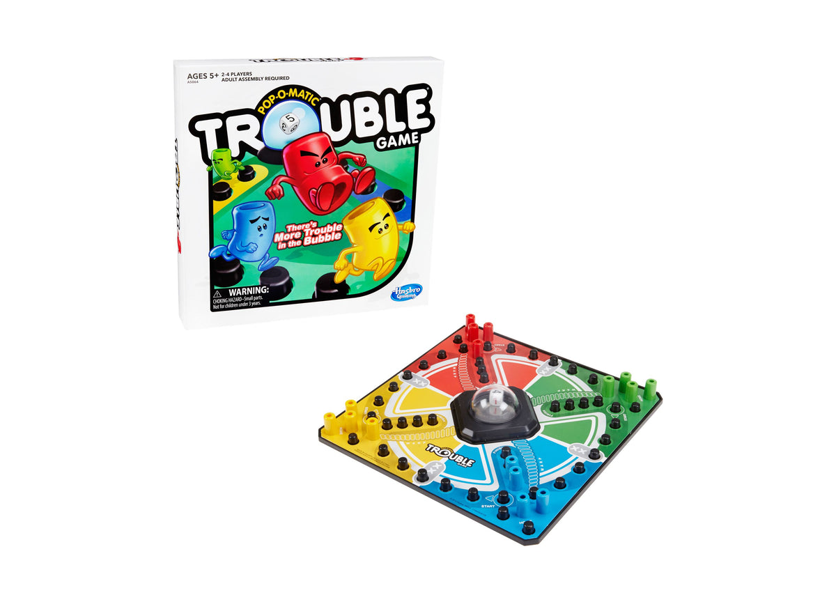 Hasbro Trouble Pop-O-Matic Board Game with colorful game board in red, yellow, blue, and green sections, featuring ch...