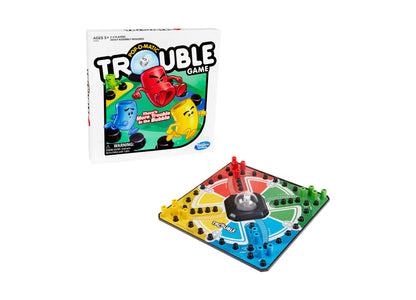 Hasbro Trouble Pop-O-Matic Board Game with colorful game board in red, yellow, blue, and green sections, featuring ch...