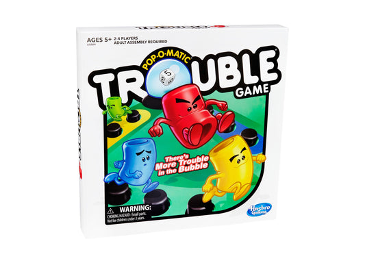 Hasbro Trouble Pop-O-Matic Board Game box showing colorful characters and game board with pop bubble roller