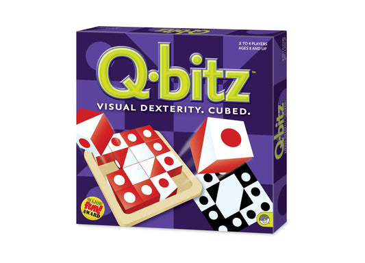 Q-Bitz Visual Dexterity Cubed board game box with purple packaging showing red and white, red and black dice cubes on wooden base, 2 to 4 players ages 8 and up