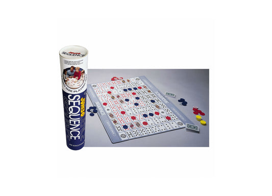 Sequence Giant Deluxe Edition board game with cylindrical packaging on left and oversized game board with card grid, colored chips, and game pieces displayed on