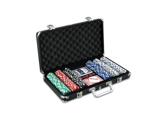 Black aluminum case poker set open, displaying stacks of green, red, black, and blue poker chips, playing cards, and dealer button