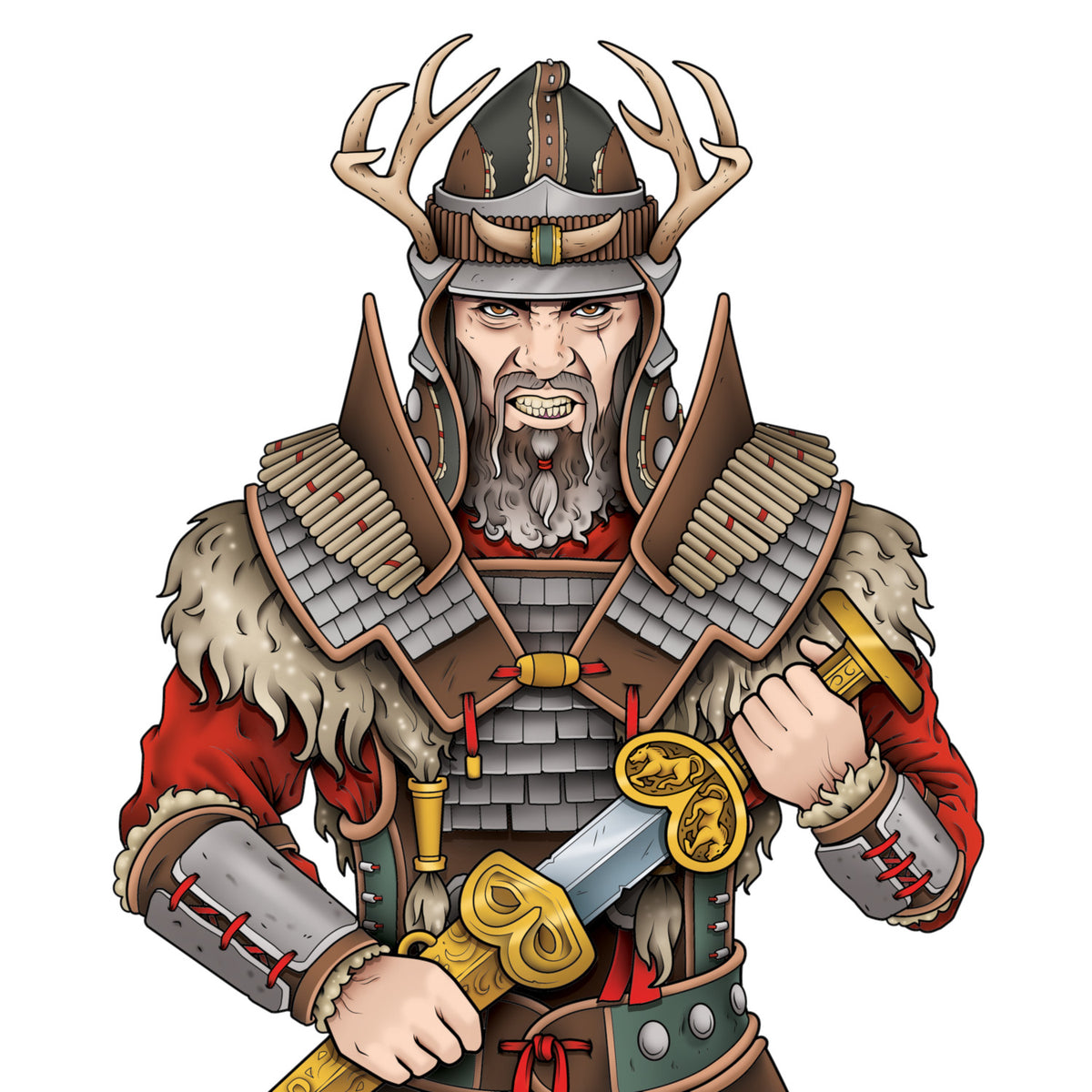 Raiders of Scythia character figure with antlered helmet, red tunic, and gold accessories