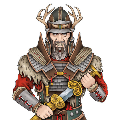 Raiders of Scythia character figure with antlered helmet, red tunic, and gold accessories