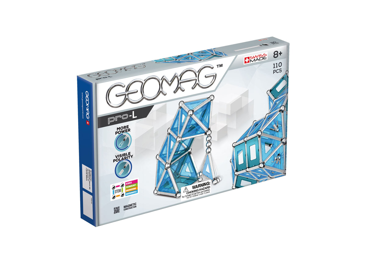 Geomag Pro-L magnetic construction set box showing blue and silver magnetic pieces assembled into 3D structures, 110 pieces, ages 8+