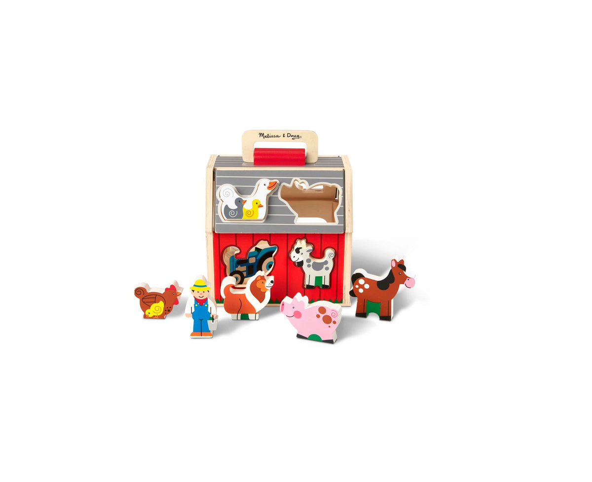 Melissa & Doug Take-Along Sorting Barn with farmer, horse, pig, cow, sheep, goat, chicken, dog, and tractor pieces