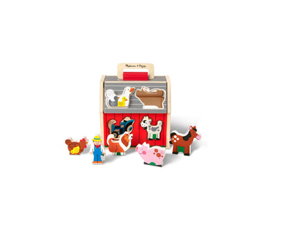 Melissa & Doug Take-Along Sorting Barn with farmer, horse, pig, cow, sheep, goat, chicken, dog, and tractor pieces