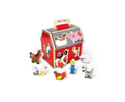 Melissa & Doug Take-Along Sorting Barn with red barn house, farmer figure, and farm animal pieces including cow, pig,...