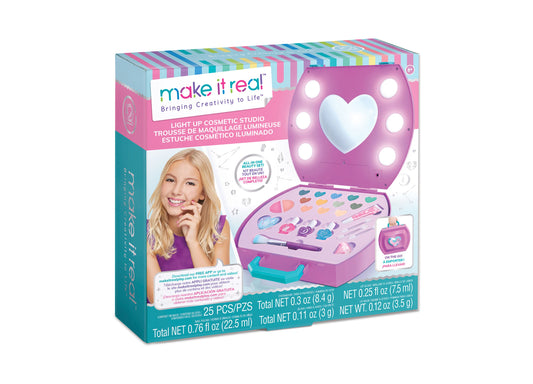 Make It Real Light Up Cosmetic Studio with heart-shaped mirror, LED lights, and colorful makeup palette in pink case on plain background