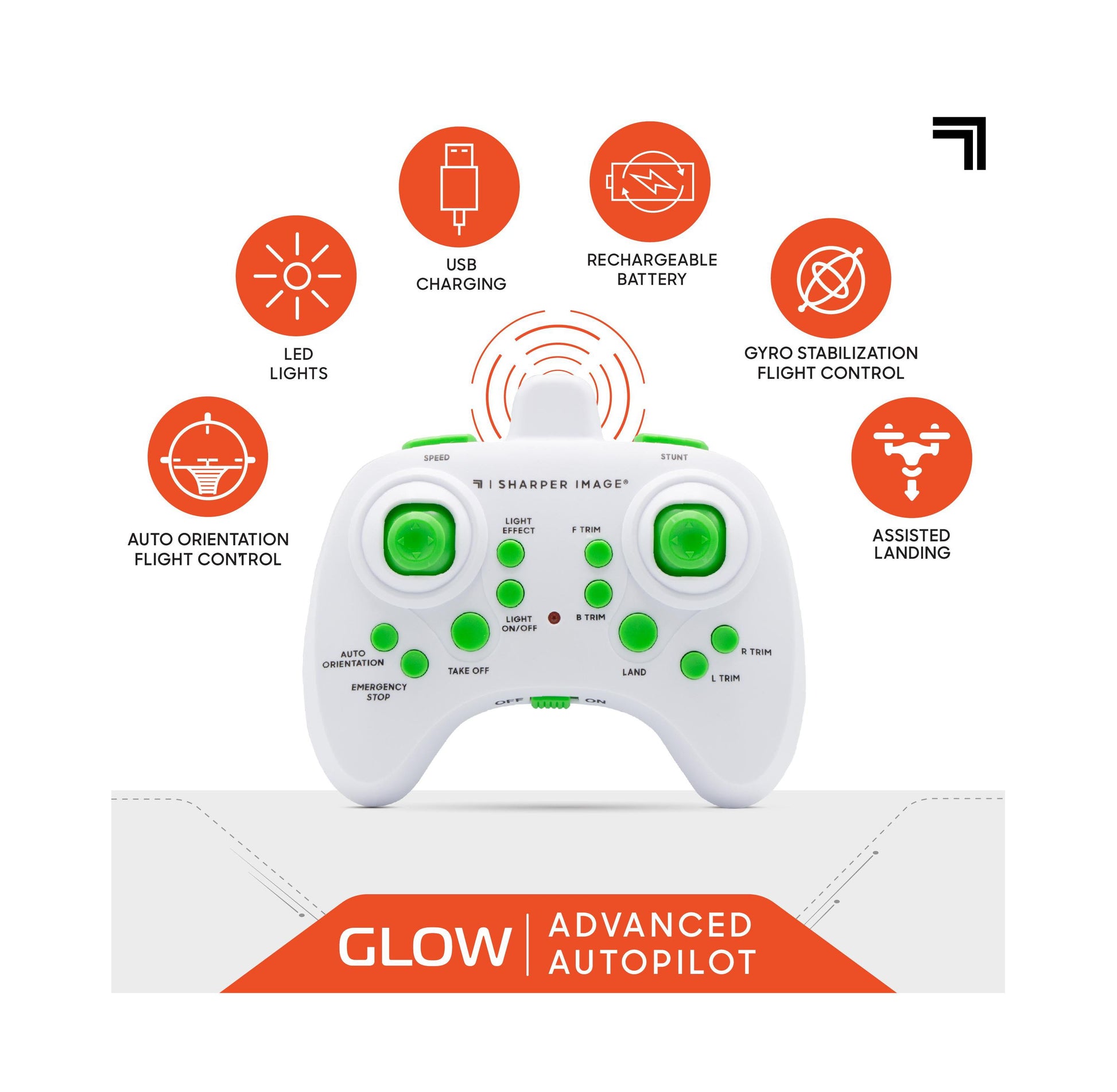 Sharper Image Glow Stunt Drone with LED lights, gyro stabilization, and remote control