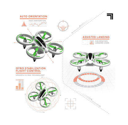 Sharper Image Glow Stunt 5 Drone with green and white design showing auto orientation and assisted landing features