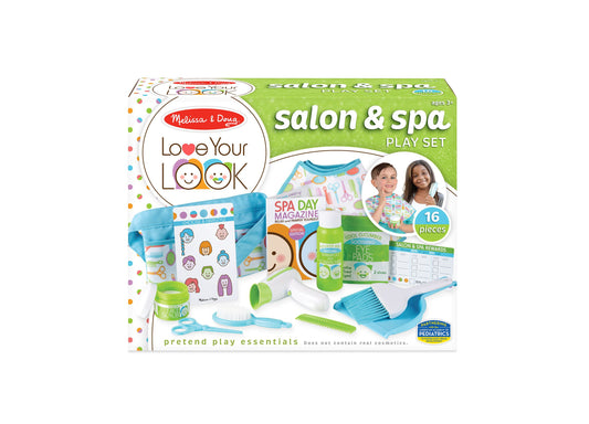 Melissa & Doug 16-Piece Love Your Look Salon and Spa Play Set with blue apron, cape, hairdryer, scissors, brush, and ...