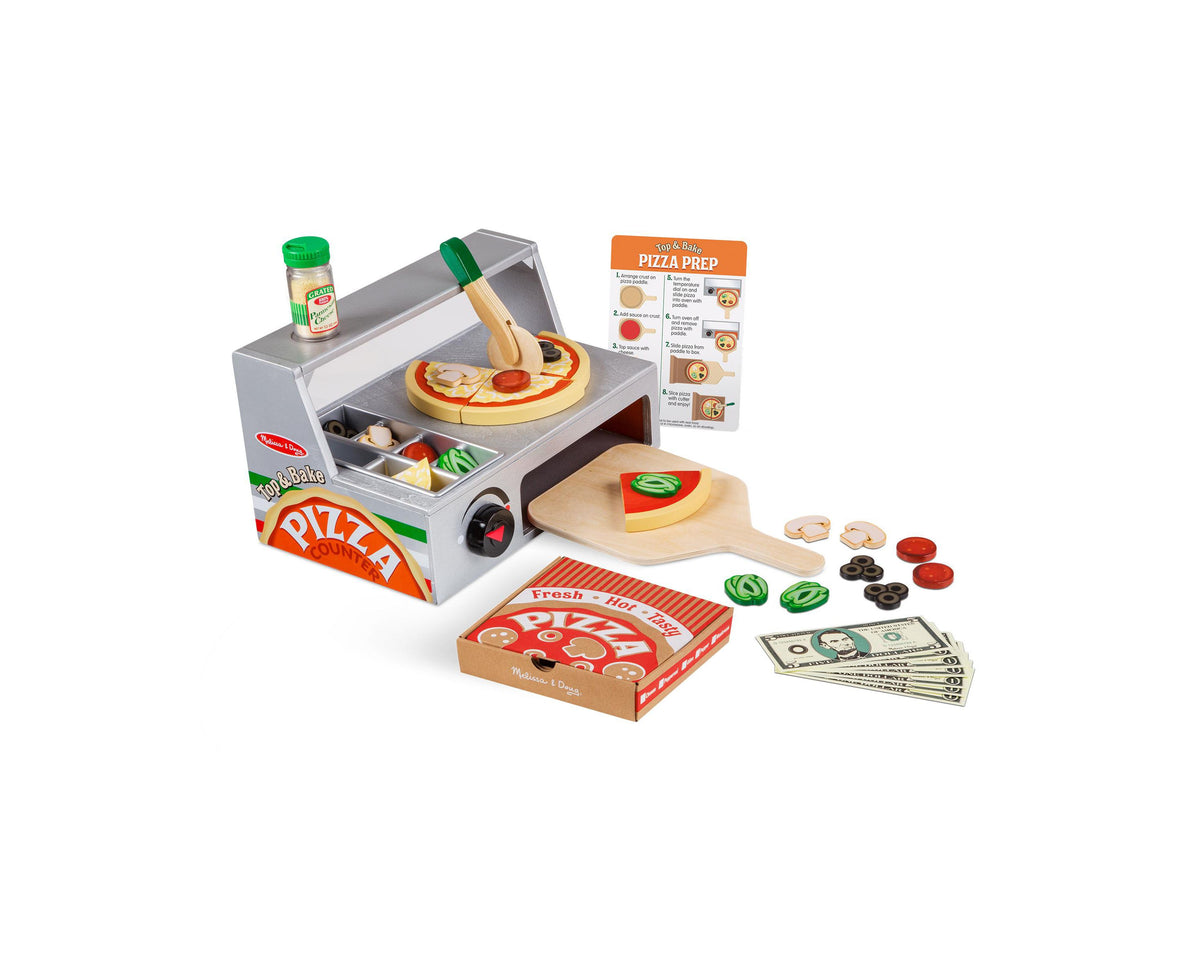 Melissa & Doug Top & Bake Pizza Counter Play Set with oven, pizzas, toppings, paddle, box, and play money