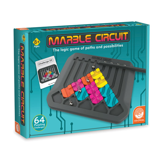 Marble Circuit logic game box showing turquoise packaging with colorful interlocking block pieces on black game board; 64 puzzling challenges, ages 8+