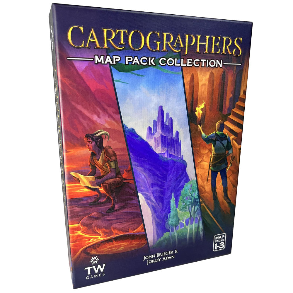 Cartographers Map Pack Collection board game box featuring three illustrated fantasy scenes with adventurers exploring magical landscapes in red, blue, and oran