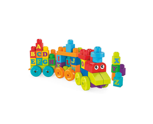 Mega Bloks First Builders 60-Piece ABC Learning Train Set with colorful letter blocks, rolling wheelbases, and a red ...