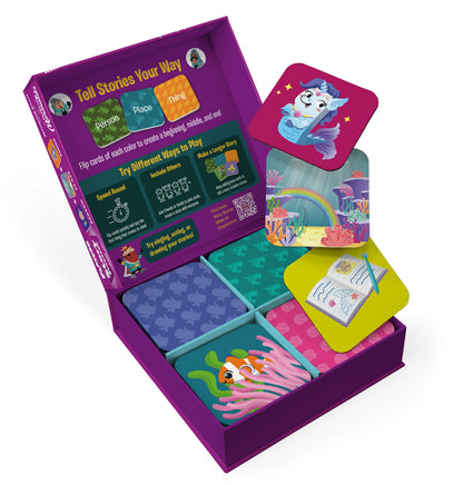 Story Starters Mermaid Pearl Edition card game with colorful flip cards in purple box