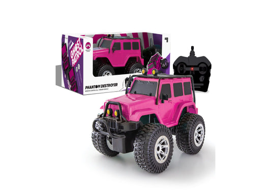 Sharper Image Phantom Destroyer remote control all-terrain vehicle in vibrant pink with black accents, shown with con...
