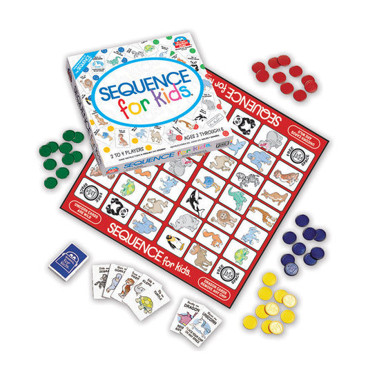 Sequence for Kids board game with red game board featuring animal images, blue box, instruction cards, and red, green, blue, and yellow player chips