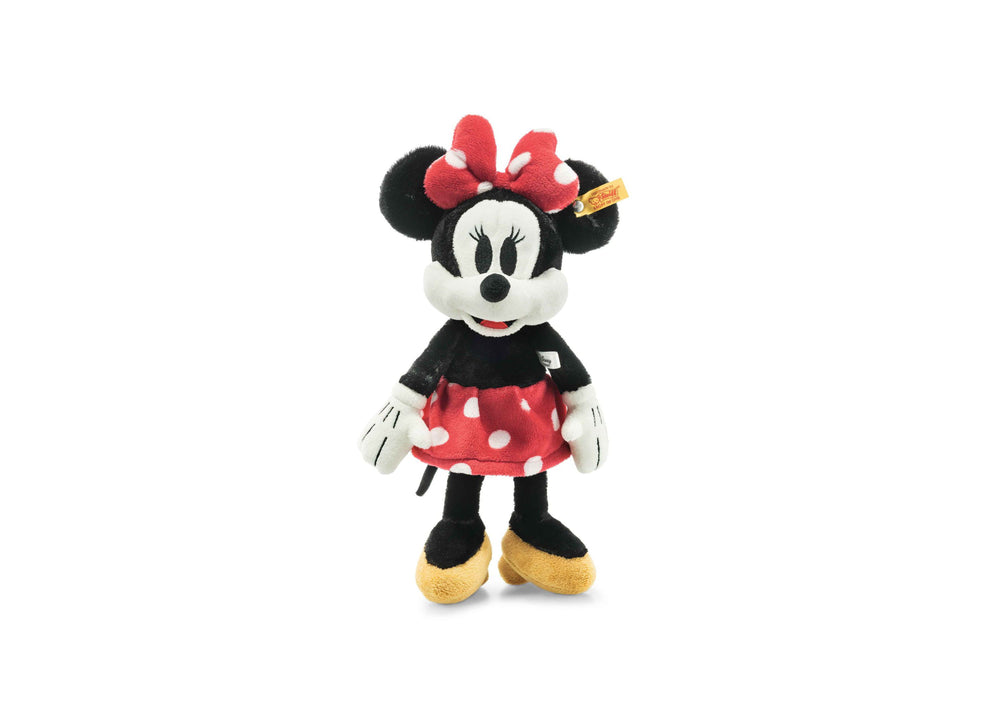 Steiff Minnie Mouse 12-inch plush toy with red bow, black ears, red polka dot skirt