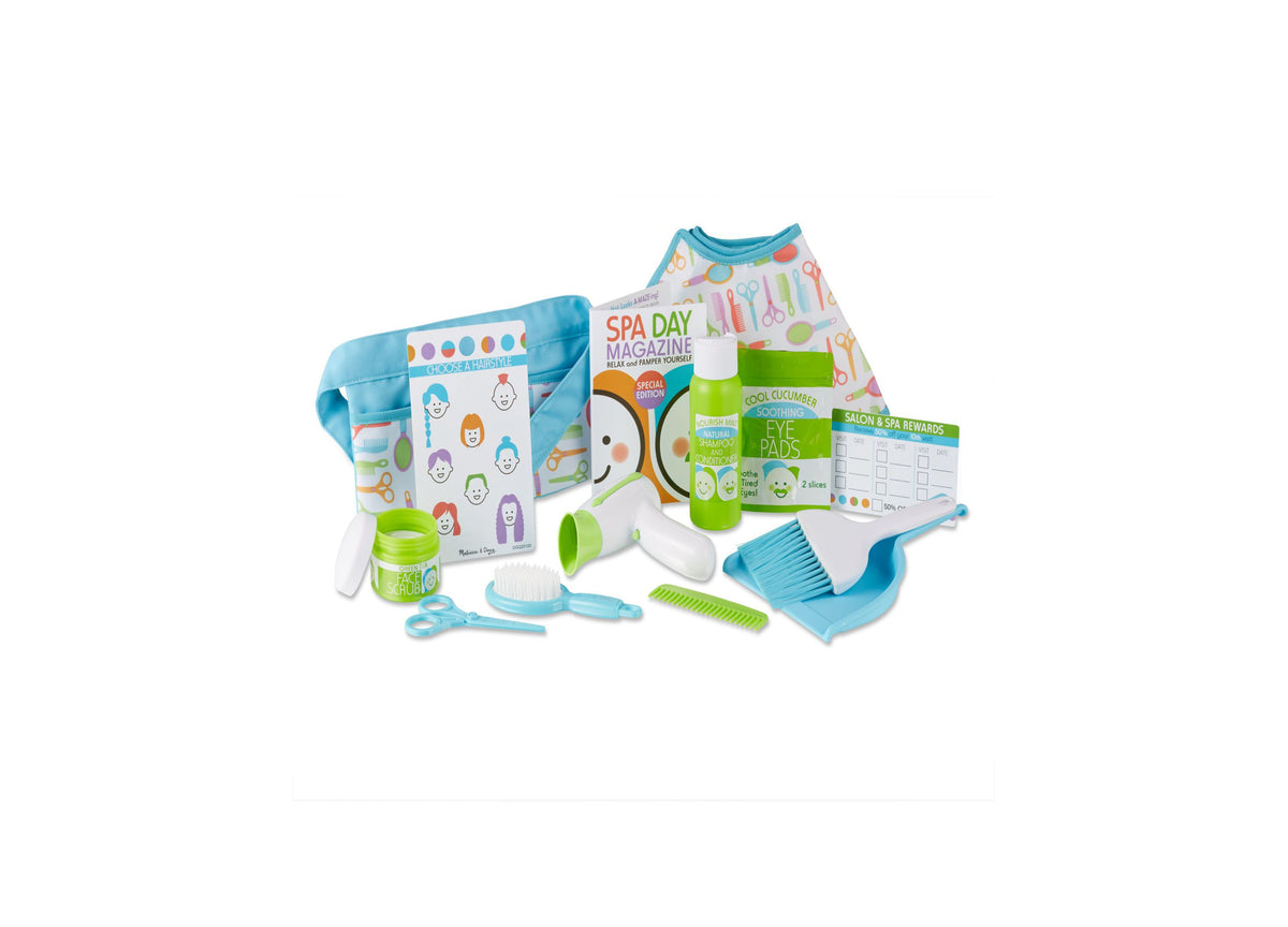 Melissa & Doug 16-Piece Love Your Look Salon and Spa Play Set with blue and green accessories, hairdryer, scissors, b...
