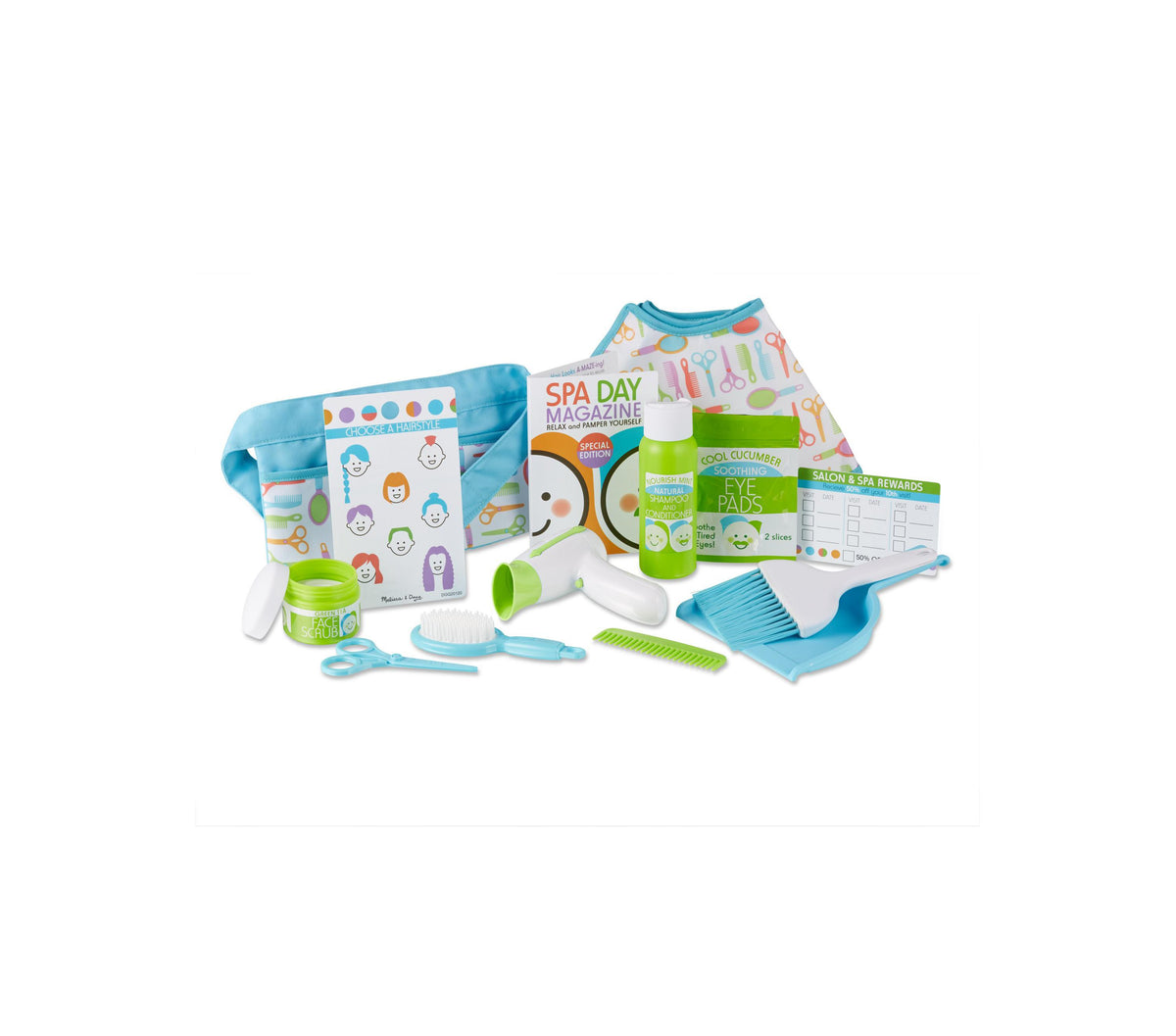 Melissa & Doug 16-Piece Love Your Look Salon and Spa Play Set with blue and green accessories, apron, cape, hairdryer...