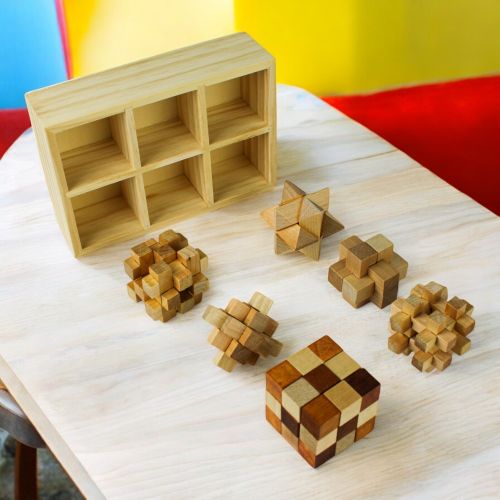 Classic Wooden MindBenders 6-Pack Puzzle Set - Intricate Brain