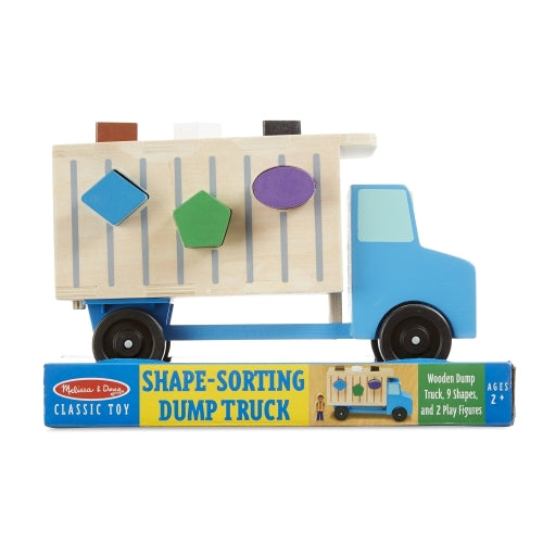 Dump Truck with blue truck body, beige dump bed, and colorful shape pieces including dia...