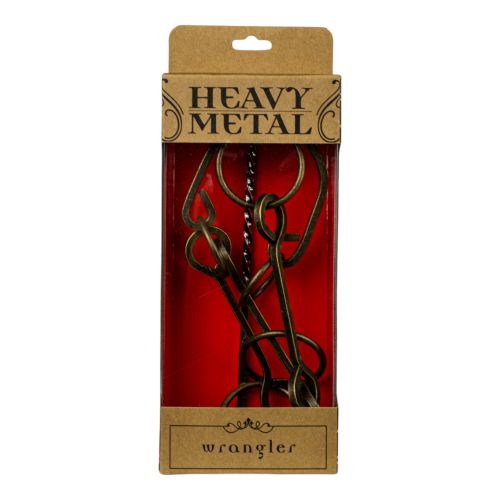 Heavy Metal Wrangler puzzle toy with black metal interlocking pieces on red background