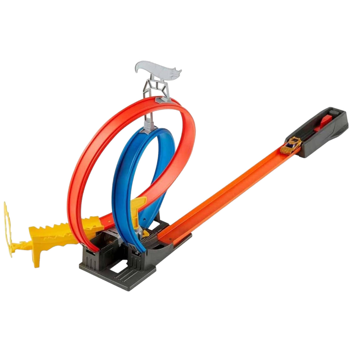 Hot Wheels Energy Track with red and blue loop, orange ramp, and yellow launcher
