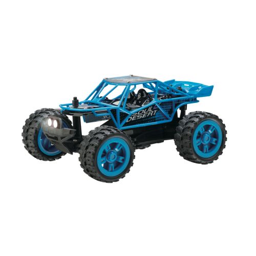 Blue and black RC mini high-speed car with large treaded wheels and open-frame design on plain background