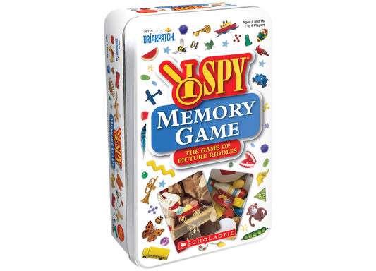 I Spy Memory Game tin box by Scholastic featuring colorful picture riddle icons, ages 4 and up, 1 to 4 players