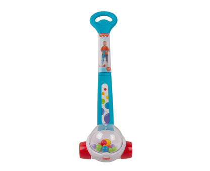Fisher-Price Corn Popper in bright blue with red wheels, featuring colorful bouncing balls inside clear dome