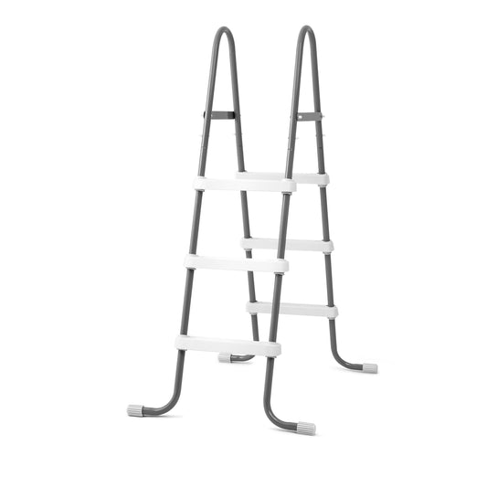 Gray and white above-ground pool ladder with curved uprights, four white steps, and foot pads