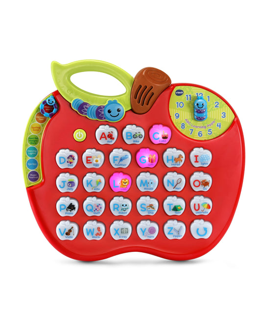 VTech ABC Learning Apple red interactive toy with 26 light-up letter buttons, clock face, and green handle