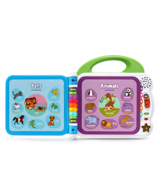 LeapFrog Learning Friends 100 Words Book open showing blue Pets page and purple Animals page with interactive touch b...