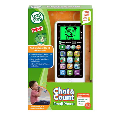 LeapFrog Chat & Count Emoji Phone with green and white design, featuring numbered buttons and emoji display screen