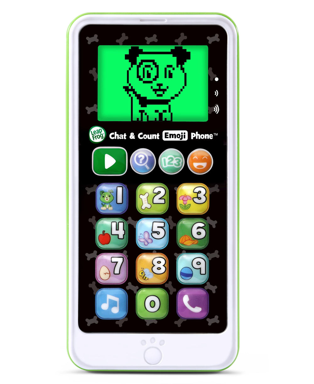 LeapFrog Chat & Count Emoji Phone with green case, screen display, and colorful numbered buttons