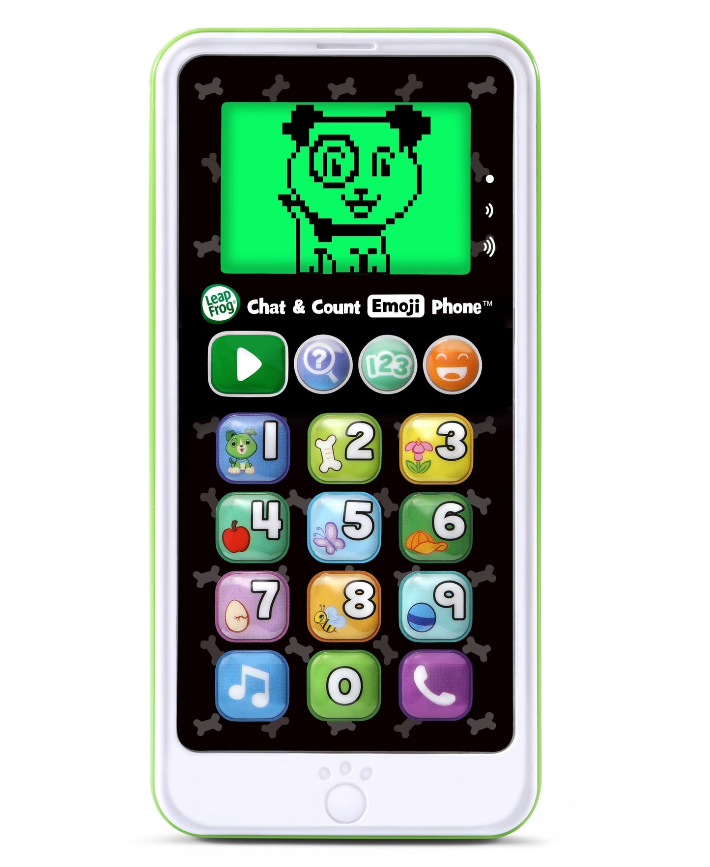 LeapFrog Chat & Count Emoji Phone with green case, screen display, and colorful numbered buttons