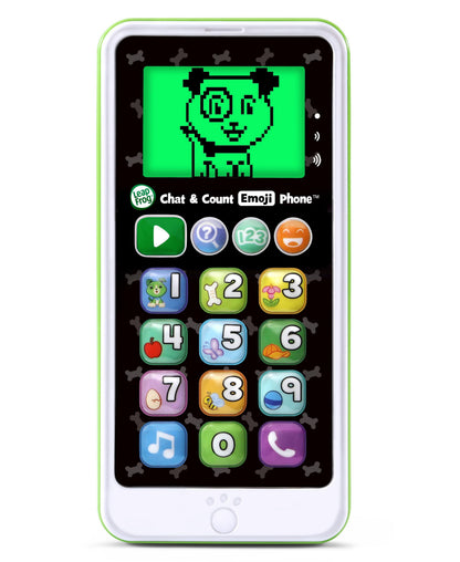 LeapFrog Chat & Count Emoji Phone with green case, screen display, and colorful numbered buttons