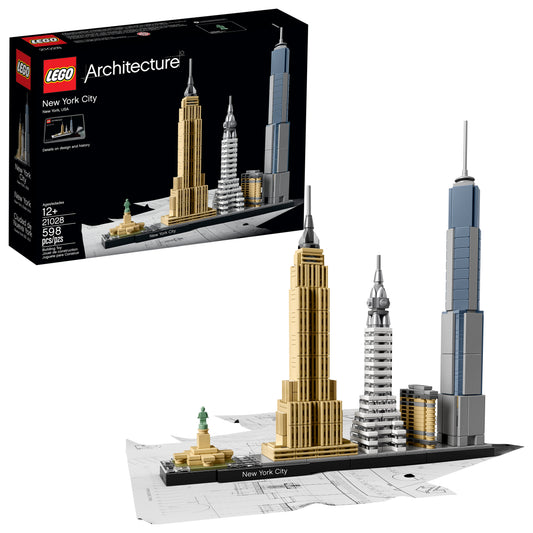LEGO Architecture New York City set with golden Empire State Building, silver Chrysler Building, and blue-gray skyscraper on display base with architectural blu
